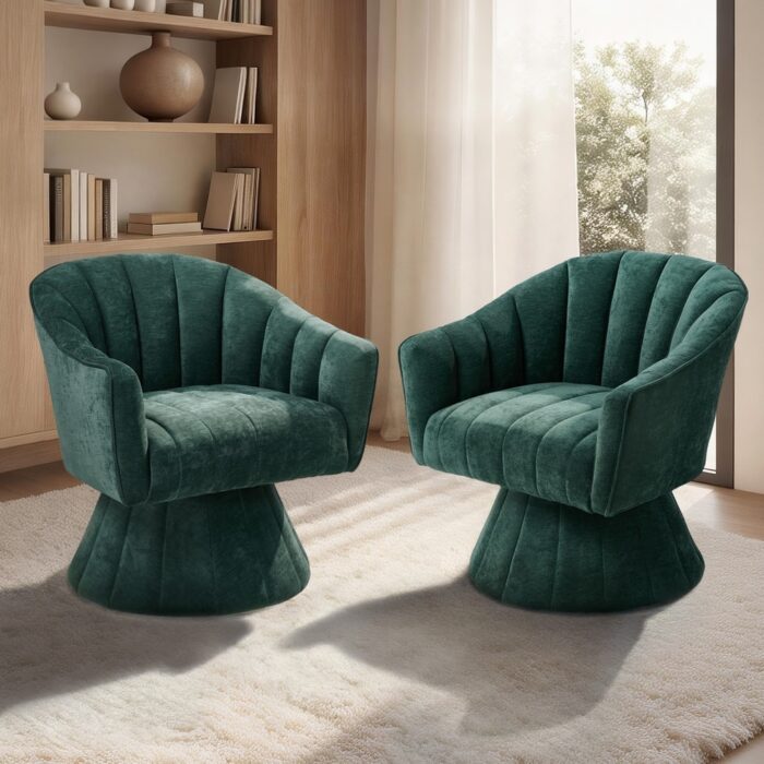 Oikiture 2x Swivel Armchair Linen Fabric Lounge Chair Accent Green - Image 3