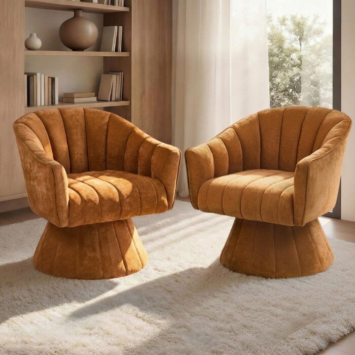 Oikiture 2x Swivel Armchair Linen Fabric Lounge Chair Accent Orange - Image 3