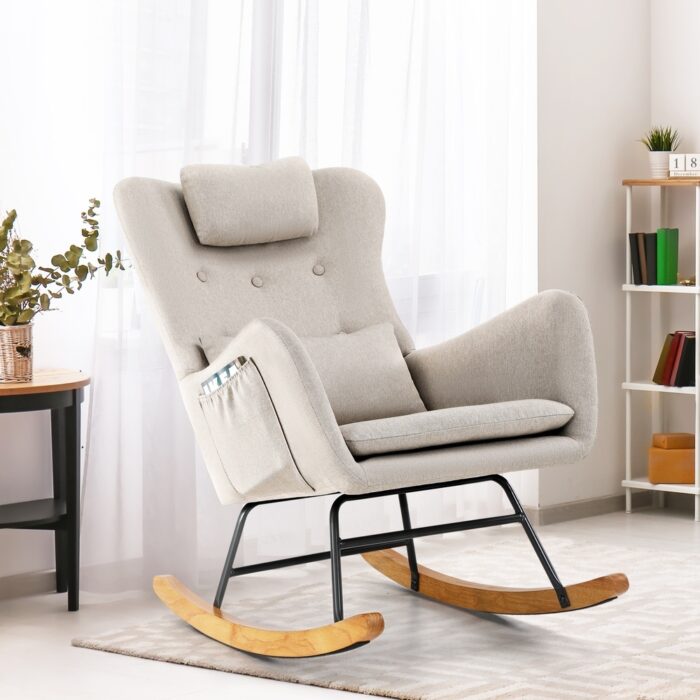 Oikiture Rocking Chair Nursing Armchair Linen Accent Chairs With 2 Pillow Beige - Image 5