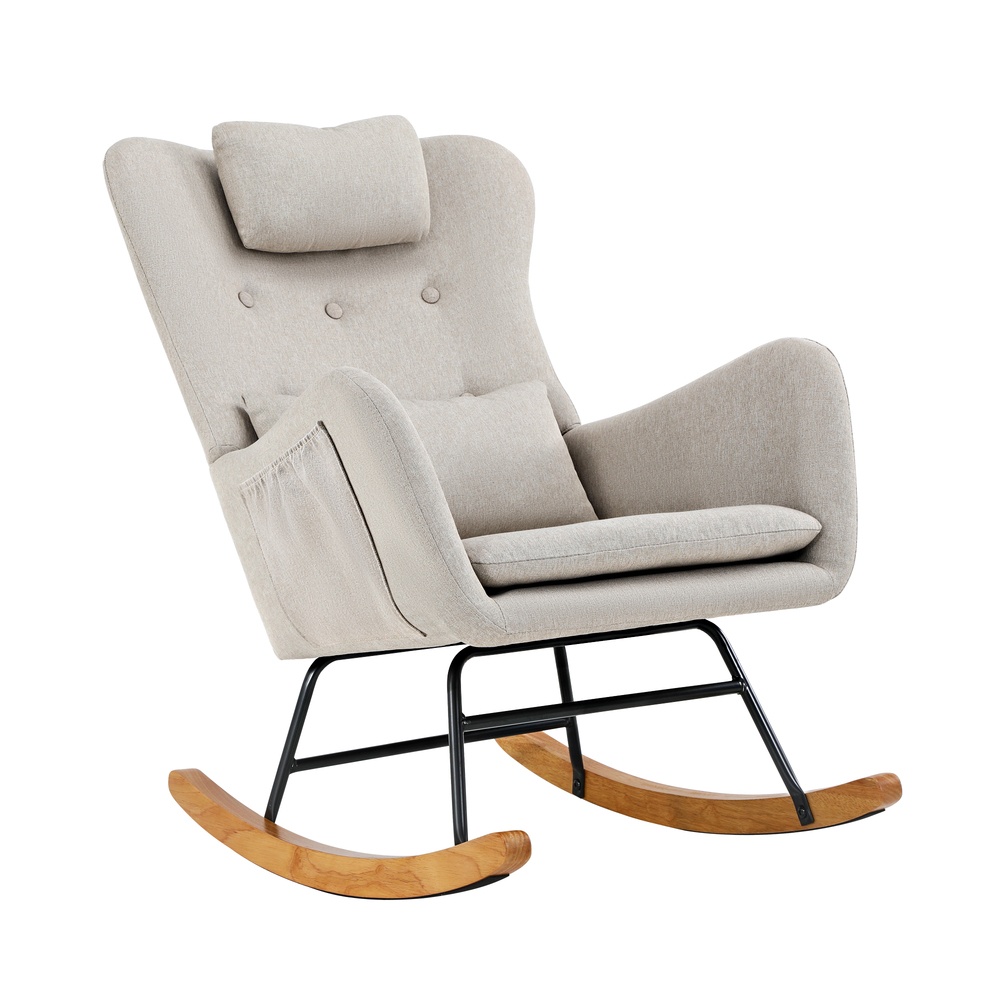 ACH-A7-LN-BG-01 Oikiture Rocking Chair Nursing Armchair Linen Accent Chairs With 2 Pillow Beige - Image 1
