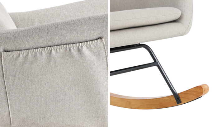 Oikiture Rocking Chair Nursing Armchair Linen Accent Chairs With 2 Pillow Beige - Image 9