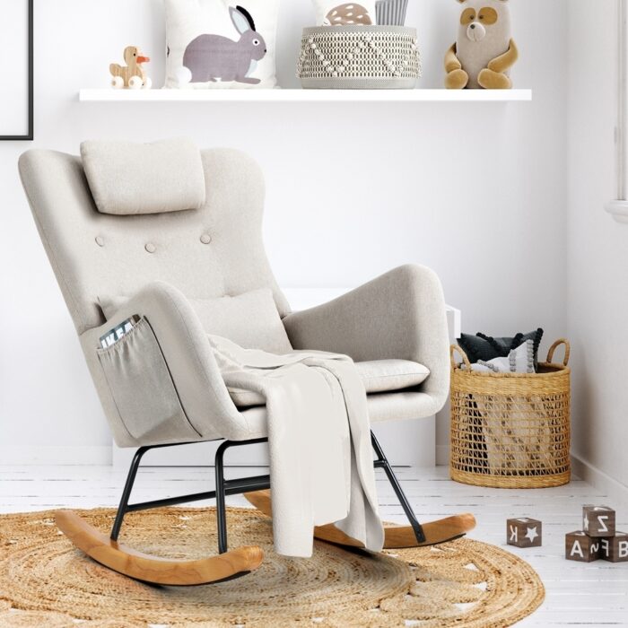 Oikiture 2x Rocking Chair Nursing Armchair Linen 2 Pillow Beige - Image 7