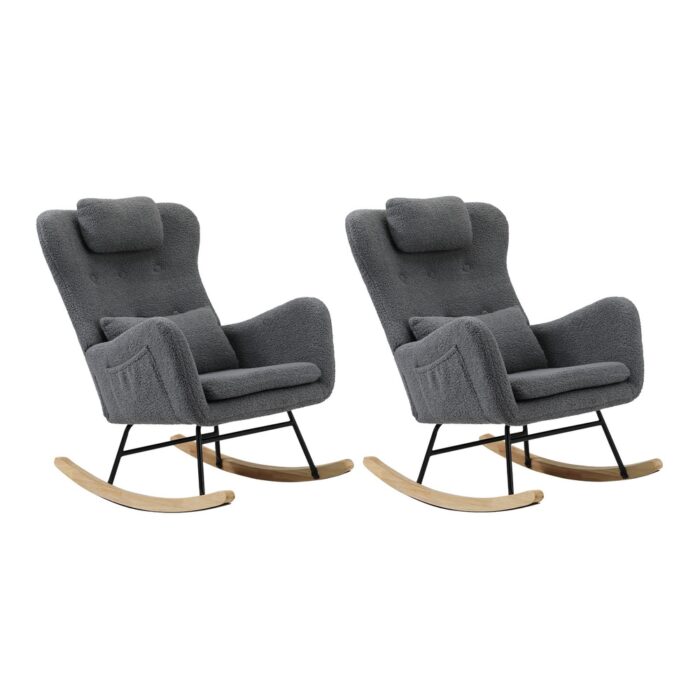 Oikiture 2x Rocking Armchair Nursing Sherpa Chairs With 2 Pillow Grey - Image 9