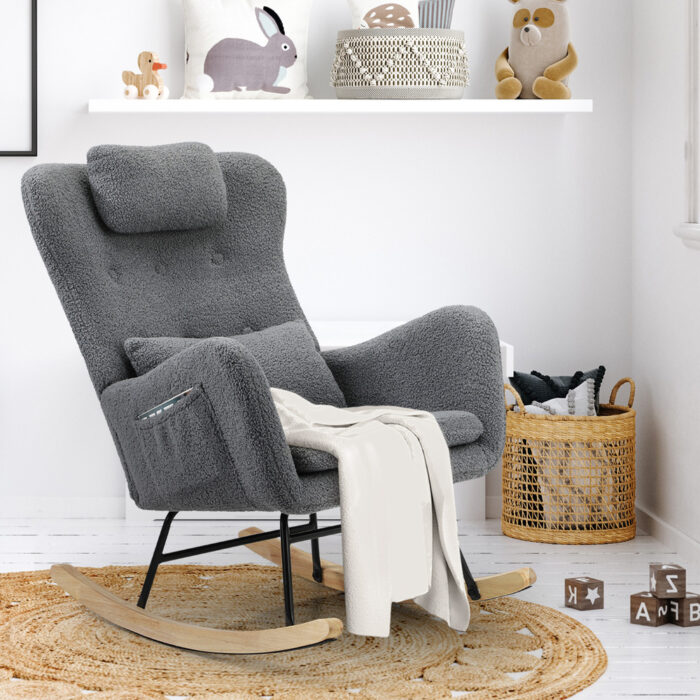 Oikiture 2x Rocking Armchair Nursing Sherpa Chairs With 2 Pillow Grey - Image 5