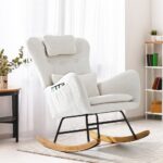 Oikiture Rocking Chair Nursing Armchair Sherpa Accent Chairs With 2 Pillow White - Image 7