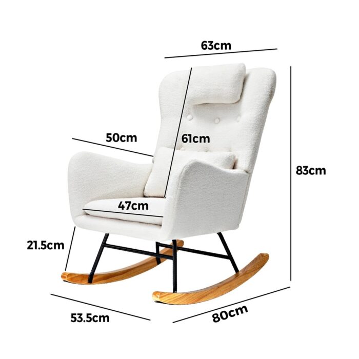Oikiture Rocking Chair Nursing Armchair Sherpa Accent Chairs With 2 Pillow White - Image 3