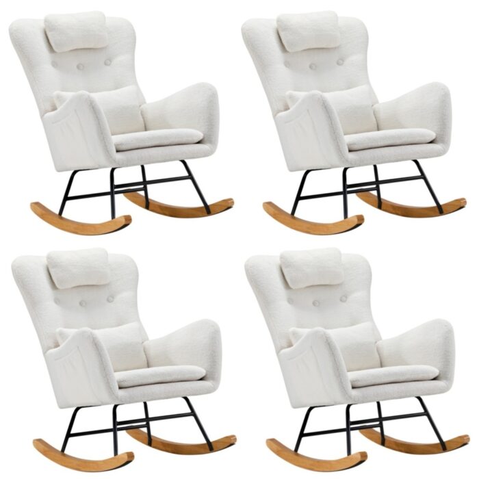 Oikiture 4x Rocking Chair Nursing Armchair Sherpa 2 Pillow White - Image 3