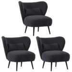 Oikiture 3x Armchair with Lumbar Pillow Wingback Velvet Charcoal
