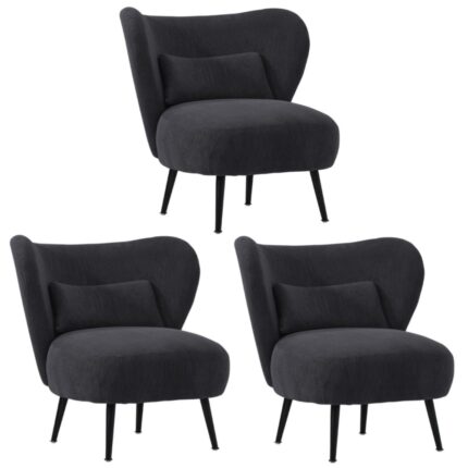Oikiture 3x Armchair with Lumbar Pillow Wingback Velvet Charcoal