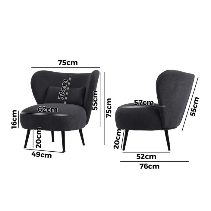 Oikiture 3x Armchair with Lumbar Pillow Wingback Velvet Charcoal - Image 4