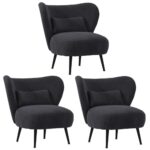 Oikiture 3x Armchair with Lumbar Pillow Wingback Velvet Charcoal - Image 8