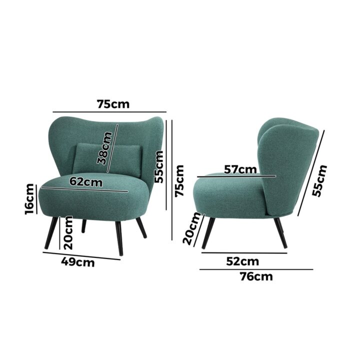 Oikiture 2x Armchair Lounge Chair Lumbar Pillow Wingback Linen Green - Image 3