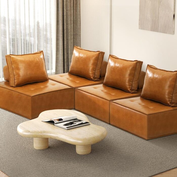 Oikiture 4pcs Pu Leather Sofa Couch Brown - Image 6