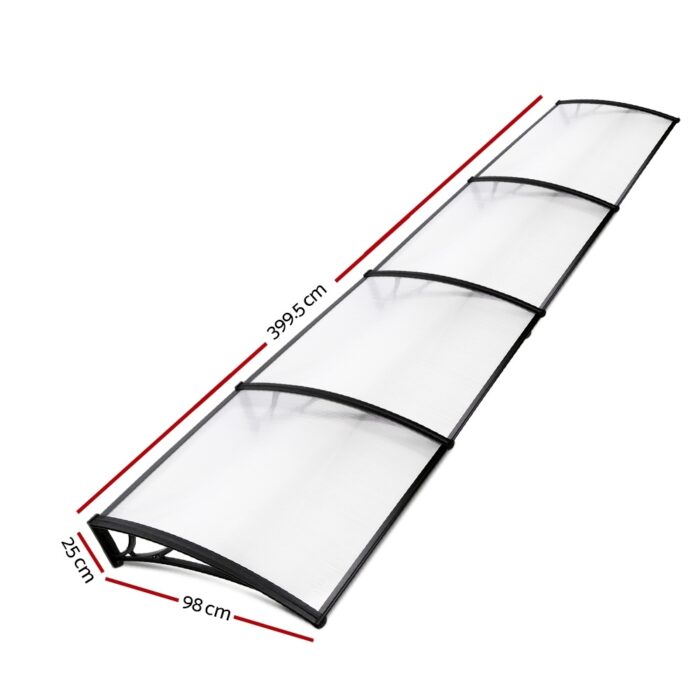 Instahut Window Awning Door Canopy 1m x 4m Transparent Sheet Black Plastic Frame - Image 2