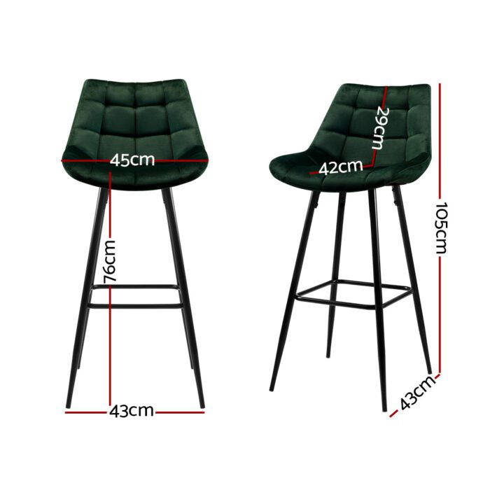 Artiss 2x Bar Stools Velvet Chairs Green - Image 2