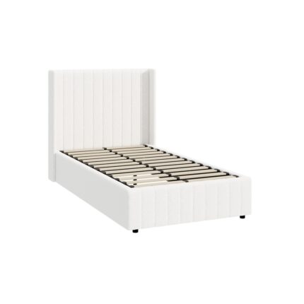 Oikiture Bed Frame King Single Gas Lift Base Boucle Fabric White