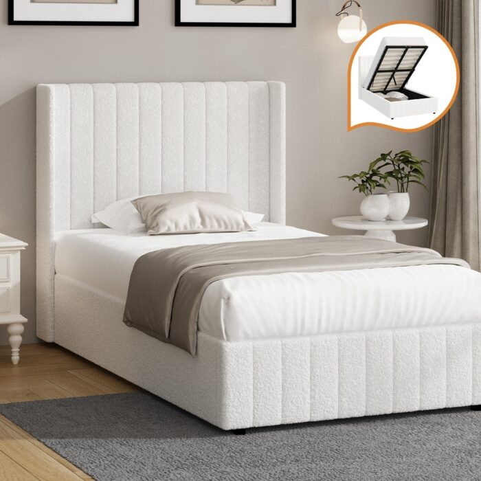 Oikiture Bed Frame King Single Gas Lift Base Boucle Fabric White - Image 6