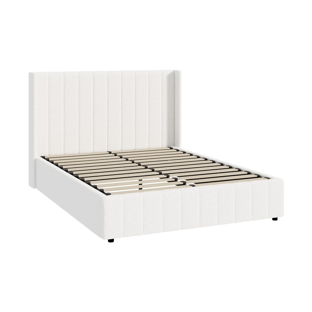 BF-B-BILY-Q-SP-WH-ABC-01 Oikiture Bed Frame Queen Size Gas Lift Base Boucle Fabric White - Image 1