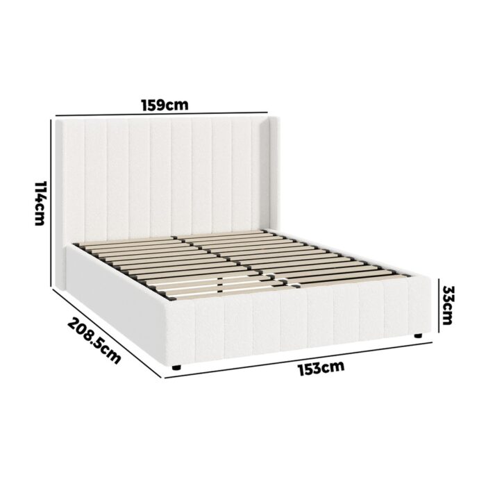 Oikiture Bed Frame Queen Size Gas Lift Base Boucle Fabric White - Image 5