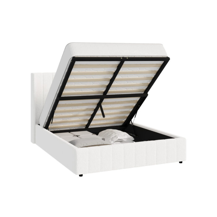 Oikiture Bed Frame Queen Size Gas Lift Base Boucle Fabric White - Image 3