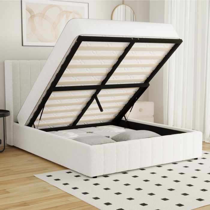 Oikiture Bed Frame Queen Size Gas Lift Base Boucle Fabric White - Image 7