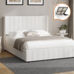 Oikiture Bed Frame Queen Size Gas Lift Base Boucle Fabric White - Image 2