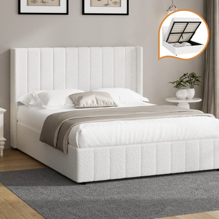 Oikiture Bed Frame Queen Size Gas Lift Base Boucle Fabric White - Image 2