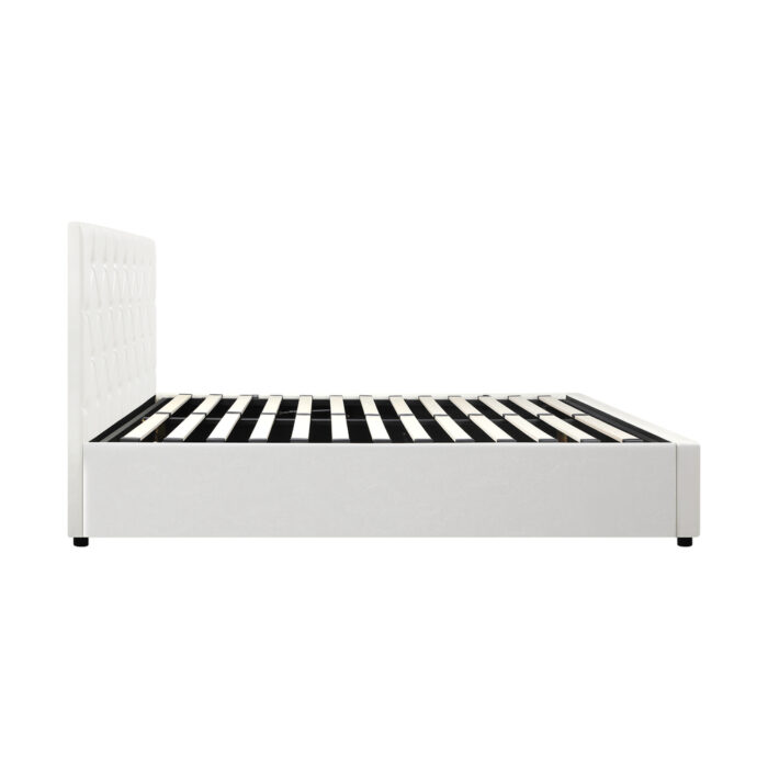 Oikiture Bed Frame Double Size Gas Lift Base Storage Leather White - Image 4