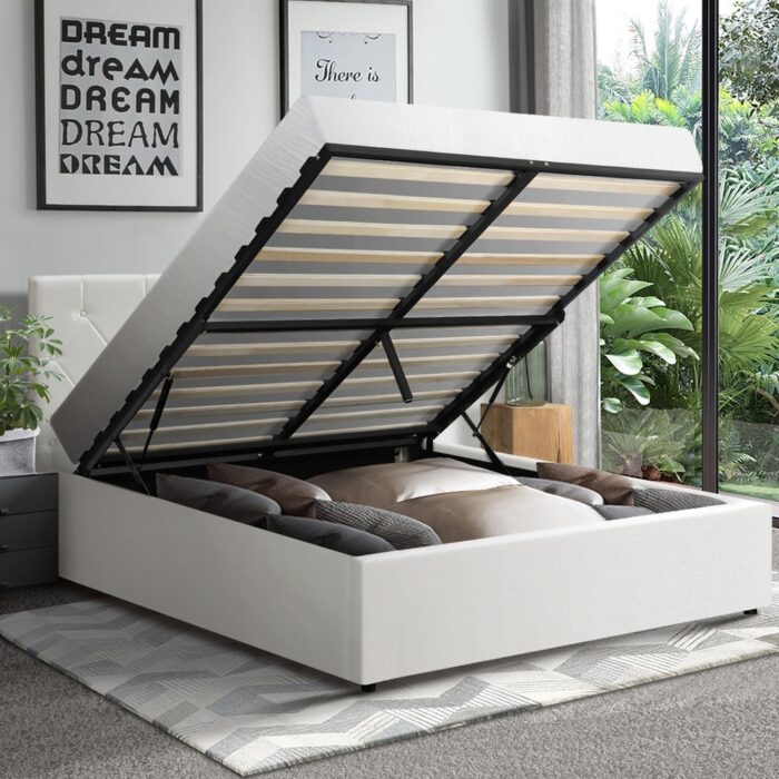 Oikiture Bed Frame Double Size Gas Lift Base Storage Leather White - Image 9