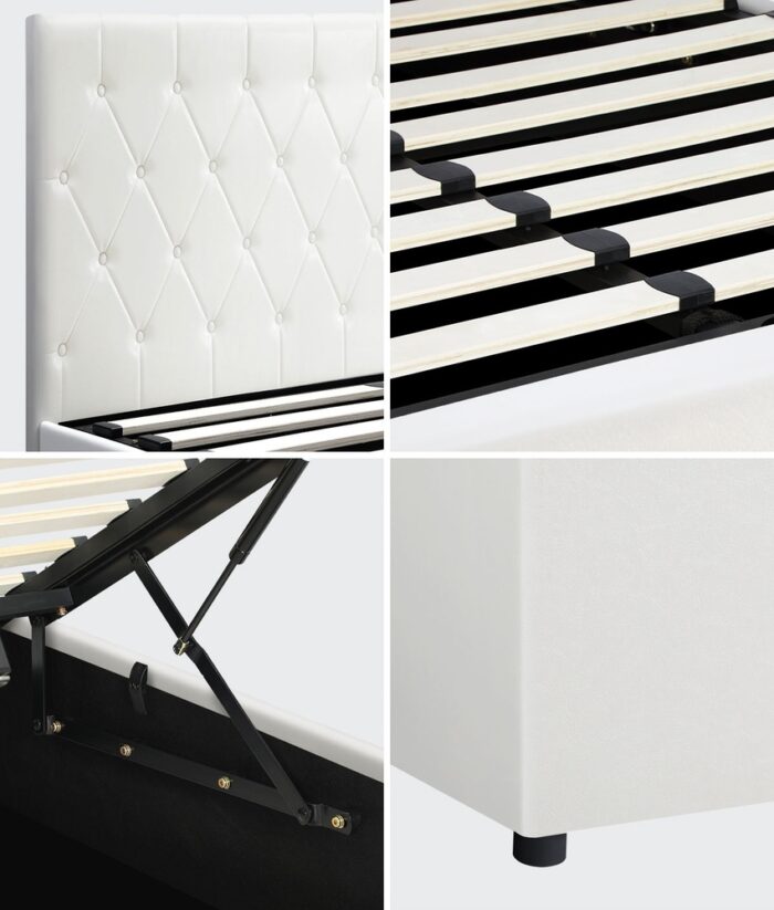 Oikiture Bed Frame Double Size Gas Lift Base Storage Leather White - Image 7