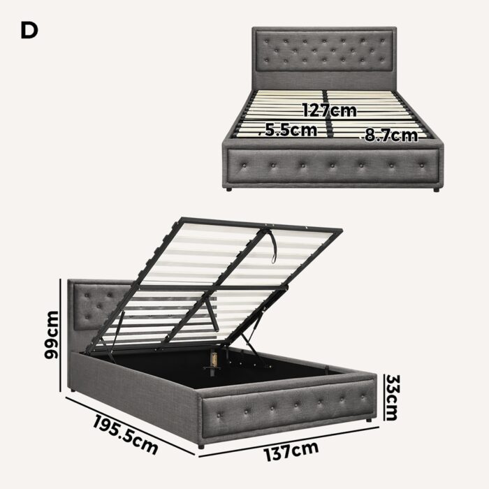 Oikiture Double Bed Frame with Storage Space Gas Lift Grey - Image 10