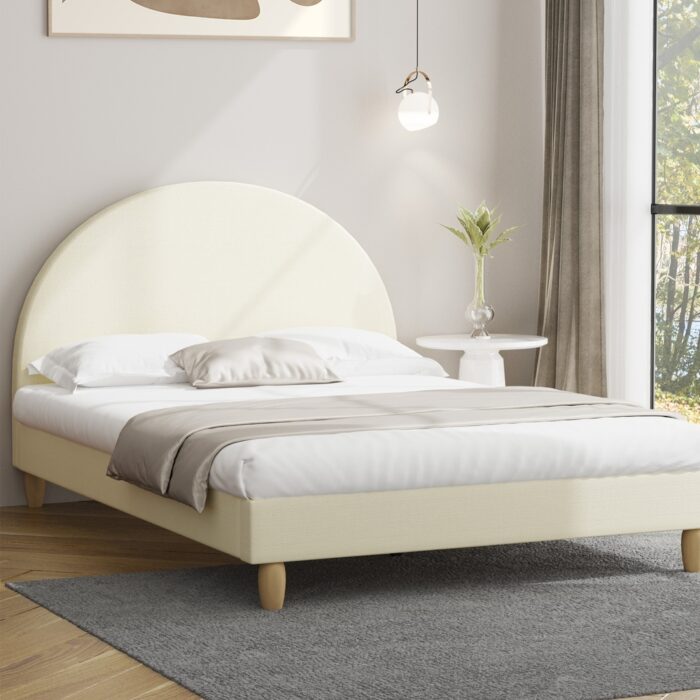 Oikiture Bed Frame Queen Size Arched Bedhead Beige Fabric - Image 2