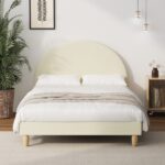 Oikiture Bed Frame Queen Size Arched Bedhead Beige Fabric - Image 7