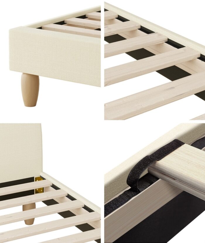 Oikiture Bed Frame Queen Size Arched Bedhead Beige Fabric - Image 5