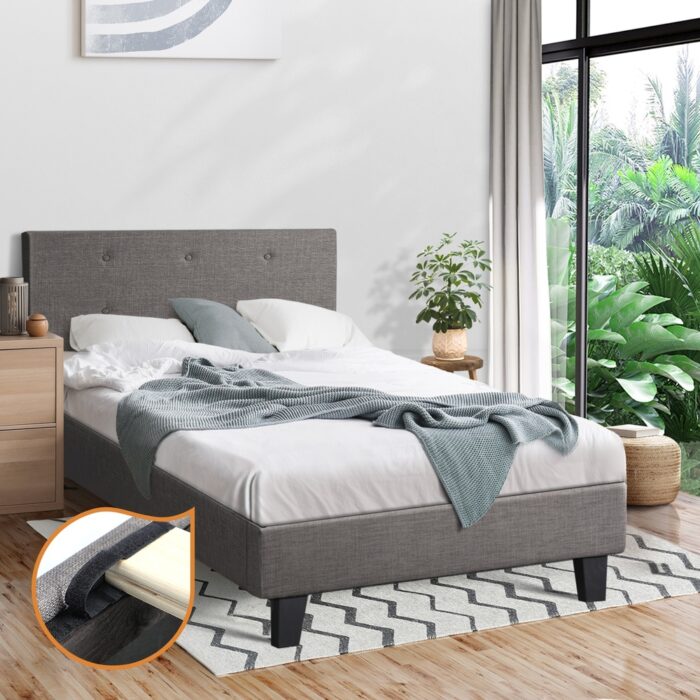 Oikiture Bed Frame Single Size Wooden Fabric Grey - Image 10