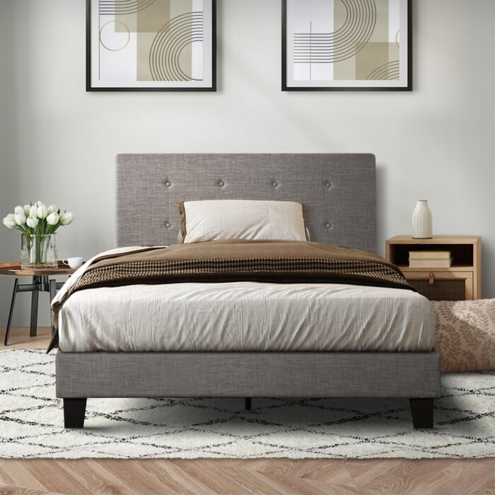 Oikiture Bed Frame Single Size Wooden Fabric Grey - Image 4
