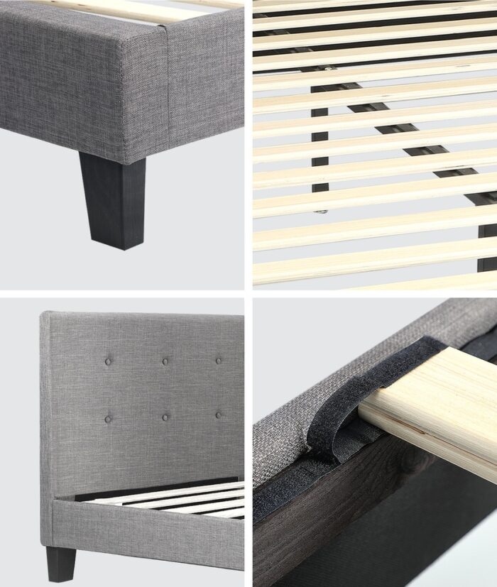 Oikiture Bed Frame Single Size Wooden Fabric Grey - Image 2
