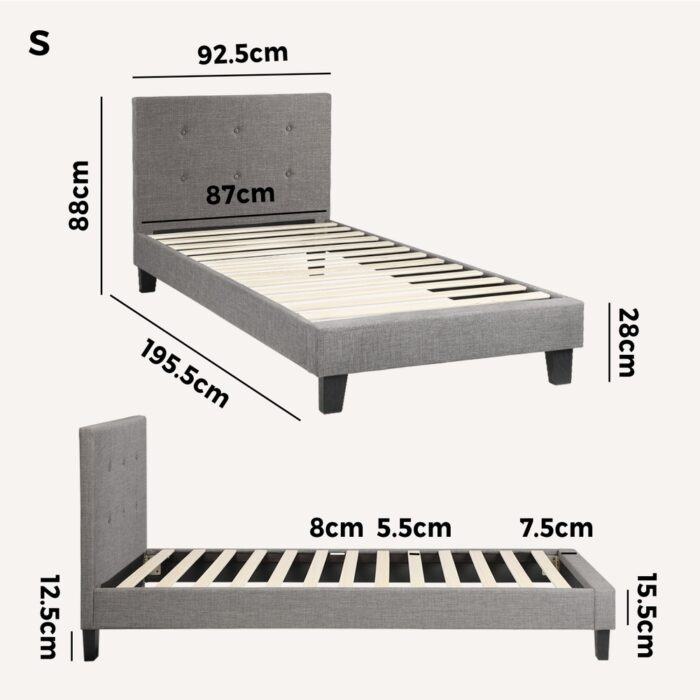 Oikiture Bed Frame Single Size Wooden Fabric Grey - Image 9