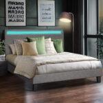 Oikiture Bed Frame RGB LED Double Size Wooden Grey Fabric - Image 7