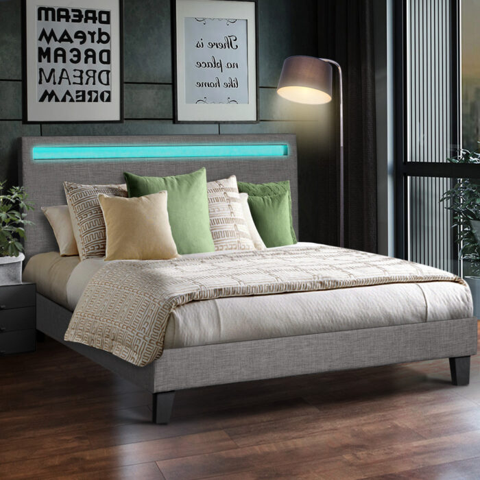 Oikiture Bed Frame RGB LED Double Size Wooden Grey Fabric - Image 7