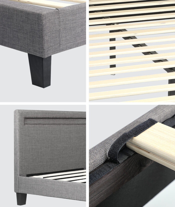 Oikiture Bed Frame RGB LED Double Size Wooden Grey Fabric - Image 5