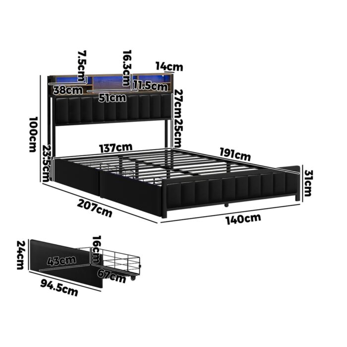 Oikiture Bed Frame Double Single Size LED Storage Bedhead USB Charge - Image 3