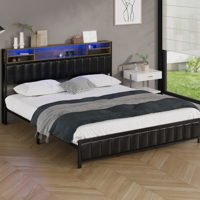 Oikiture Bed Frame King Size Beds LED Storage Bedhead USB Charge - Image 3