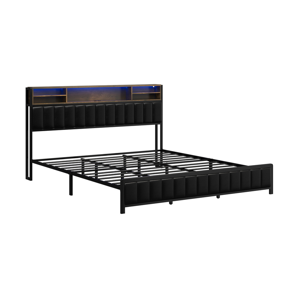 BF-C-WIKI-K-BK-AB-01 Oikiture Bed Frame King Size Beds LED Storage Bedhead USB Charge - Image 1