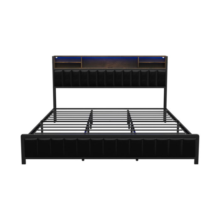 Oikiture Bed Frame King Size Beds LED Storage Bedhead USB Charge - Image 2