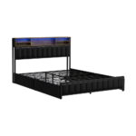 Oikiture Bed Frame Queen Size LED Storage Bedhead 4 Drawers Leather