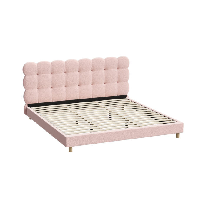 Oikiture Bed Frame King Size Tufted Bedhead Boucle Fabric Pink - Image 4