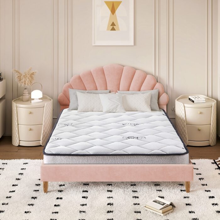 Oikiture Bed Frame with Mattress Double Size Pink Velvet - Image 6
