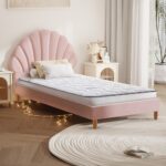 Oikiture Bed Frame with Mattress Single Size Pink Velvet - Image 9