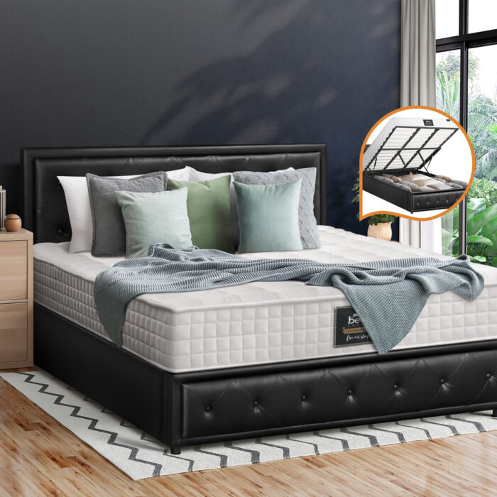 Oikiture Bed Frame with Mattress King Size Gas Lift Black Leather - Image 9